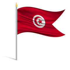 Sticker - The national flag of Tunisia on a pole. The wavy fabric. The sign and symbol of the country. Realistic vector.