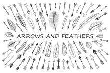 A Set Of Cute Arrows And Feathers, Black Hand Drawn Doodles On A White Background