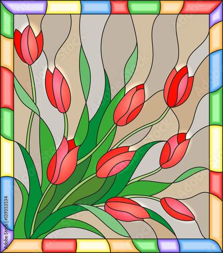 ilustracja-w-stylu-witrazu-z-bukietem-czerwonych-tulipson-bezowym-tle-w-ramce