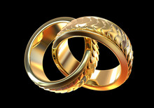 Gold Wedding Rings With Ornament Made From Hearts Isolated On Black Background, 3D Illustration