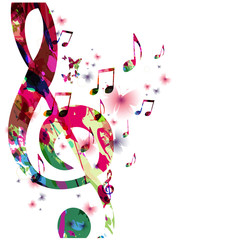 colorful music notes with butterflies isolated vector illustration. music background for poster, bro
