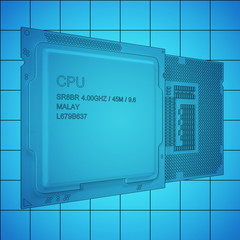 Poster - CPU bplueprint on grid, black outline, 3d rendering