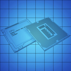 Poster - CPU bplueprint on grid, black outline, 3d rendering