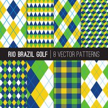 Rio Brazil Golf Style Patterns. Sport Fashion Prints In Brazilian National Colors. Yellow, Green, Blue And White Argyle, Geometric And Tartan Plaid. Vector Pattern Tile Swatches Included.