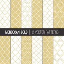 Moroccan Lattice Patterns In Gold Champagne And White. Modern Elegant Neutral Backgrounds. Classic Quatrefoil Trellis Ornament. Vector Pattern Tile Swatches Included.
