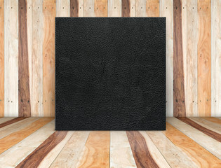 Leinwandbilder - Blank black fabric poster canvas at wooden plank room,Mock up template for adding your content or design,Business presentation.