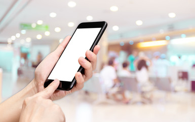 Poster - Hand click mobile phone with blur patient at hospital background bokeh light,White screen mock up template for adding your design or your text