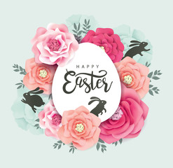 Wall Mural - Elegant Easter day greeting card design with blossoms flowers and rabbits