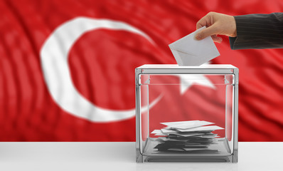 Poster - Elections in Turkey. Voter on a Turkey flag background. 3d illustration