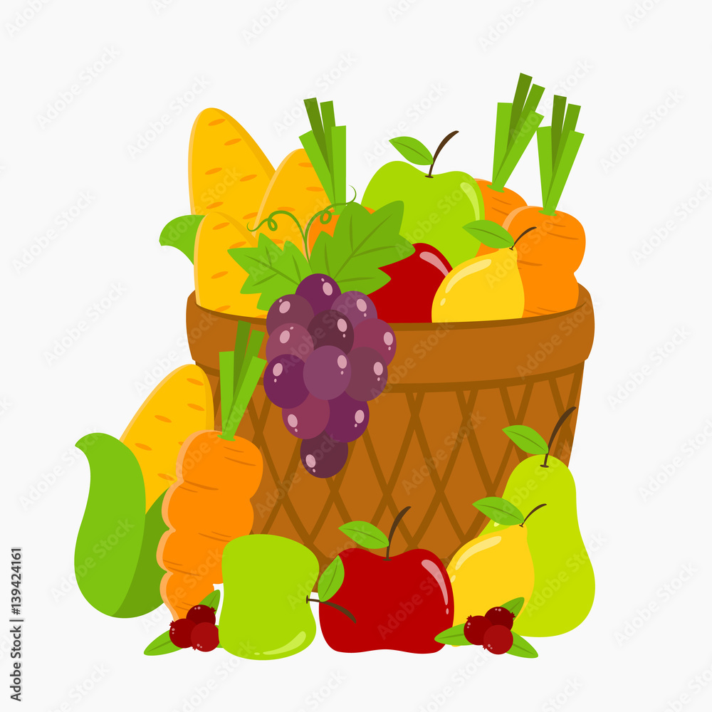 a basket full of fruits and vegetables illustration on white background ...