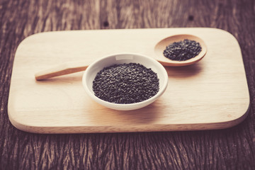 black Sesame close up shot  on wood background