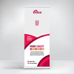 Wall Mural - Banner roll-up vector, red graphic template for the exhibition stand, for the conference, accommodation advertising information and photos. Background vector