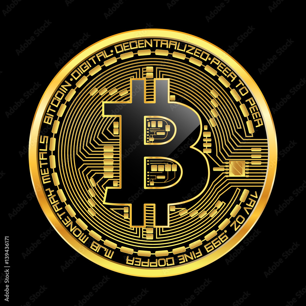 Crypto currency golden coin with black lackered bitcoin symbol on obverse  isolated on black background. Vector illustration. Use for logos, print  products, page and web decor or other design. 스톡 벡터 |