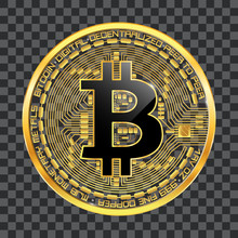 Crypto Currency Golden Coin With Black Lackered Bitcoin Symbol On Obverse Isolated On Transparent Background. Vector Illustration. Use For Logos, Print Products, Page And Web Decor Or Other Design.