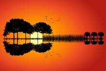 Trees Arranged In A Shape Of A Guitar On A Sunset Background. Music Island With A Guitar Reflection In Water. Vector Illustration Design.