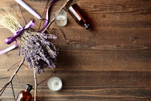 Dry Lavender Flowers,essential Oil Bottles And Aroma Candles
