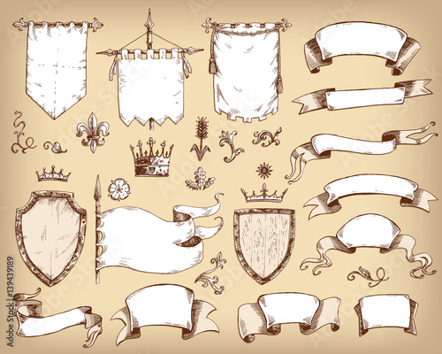Fotomural Vector hand drawn collection of heraldic templates: shield, flag