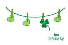 Good Luck / Creative St. Patricks Day Concept Photo Of Pinned  Shamrocks And Hearts Made Of Paper On White Background.