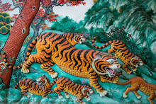 Tigers On A Wall In A Chinese Shrine