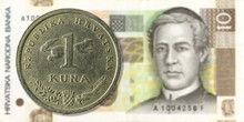 1 Croatian Kuna Coin Against 10 Croatian Kuna Bank Note Obverse