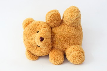 Brown teddy bear on a white background.