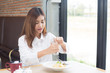 © Jestercine - Asian beautiful women have lunch at restaurant.