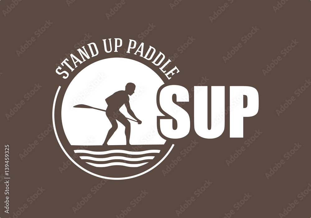 Sup Sign Sign, logo of stand up paddle surfing.Man silhouette on the sup board ...