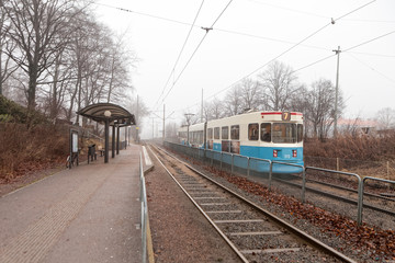 Tram in a foggy morning in Gothenburg Sweden