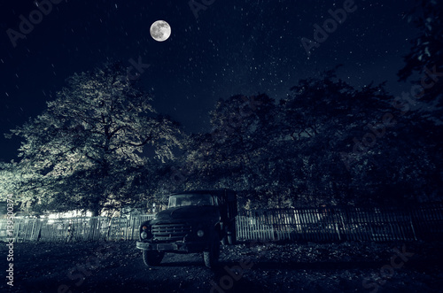 Beautiful Night Landscape Of Big Full Moon Rising Over The Mountain Road With Hill And Trees Forest And Mountains Of South Part Of Azerbaijan Masalli Yardimli Buy This Stock Photo And