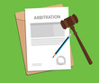 arbitration agreement letter stamped with folder document, blue pencil and judge hammer