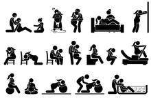 Childbirth Labor Positions And Postures At Home. Natural Birthing Class That Include Yoga, Exercise, Meditation, And Water Birth Technique. Illustrations In Stick Figures Pictogram.