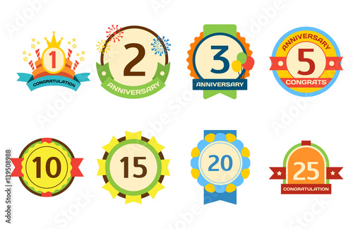 Birthday badge banner design flat set celebration emblem anniversary card dat...