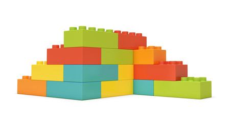 Fototapete - 3d rendering of multi-colored toy bricks making up two-sided stairs on white background.
