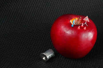 The apple and maintenance figure miniature model represent the fruit concept related idea. 