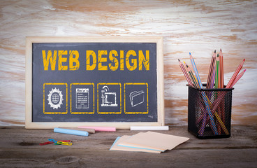 Sticker - web design concept. old wooden table with texture.
