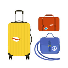 Wall Mural - Travel tourism fashion baggage or luggage vacation handle leather big packing briefcase and voyage destination case bag on wheels vector illustration.