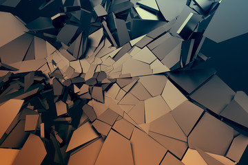 Poster - Abstract 3d rendering of cracked surface. Background with broken shape. Wall destruction. Bursting with debris. Modern cgi illustration. Design for poster, banner, placard, cover, print.
