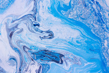 Blue Cyan Marbling Texture. Abstract  Background With  Seahorse. Handmade Oil Painted Surface. Liquid Paint.
