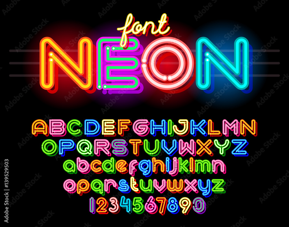Round Neon Font - obrazy, fototapety, plakaty 