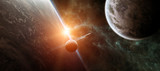 Fototapeta  - Sunrise over distant planet system in space 3D rendering elements of this image furnished by NASA