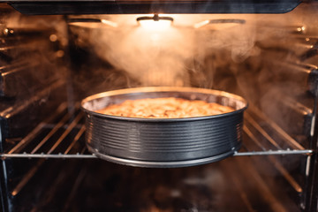 'close up view of homemade cake in oven