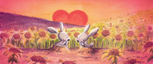 Conejos Enamorados En Un Campo De Girasoles