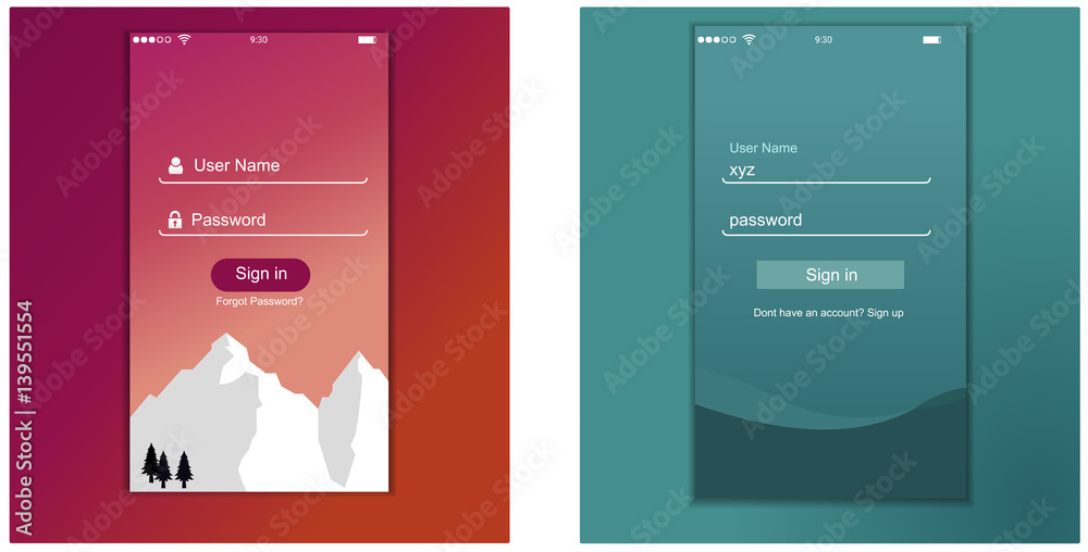 app login screen, signup, password screen layout Login to application ...