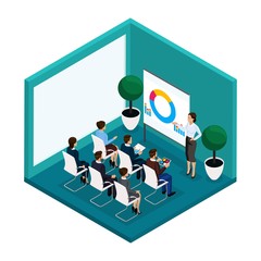 Poster - trend isometric people, training room rear view, coachers, training, lecture, meeting, brainstorm, b