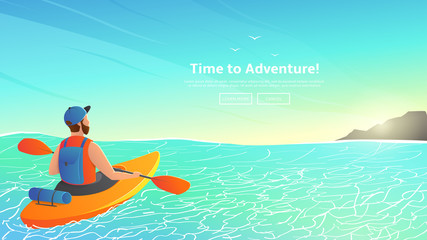 Man paddling kayak in sea. Character kayaking in ocean to island on a sunny day.  Vector illustration. Web banner of summer sport.