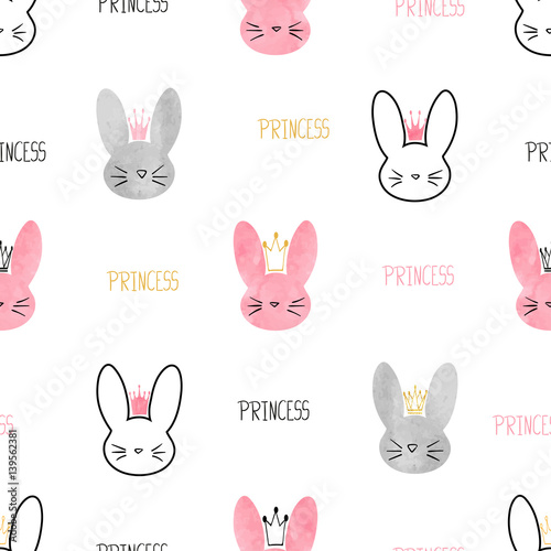 Seamless princess bunny pattern. Vector background with cute rabbits for girls design.
