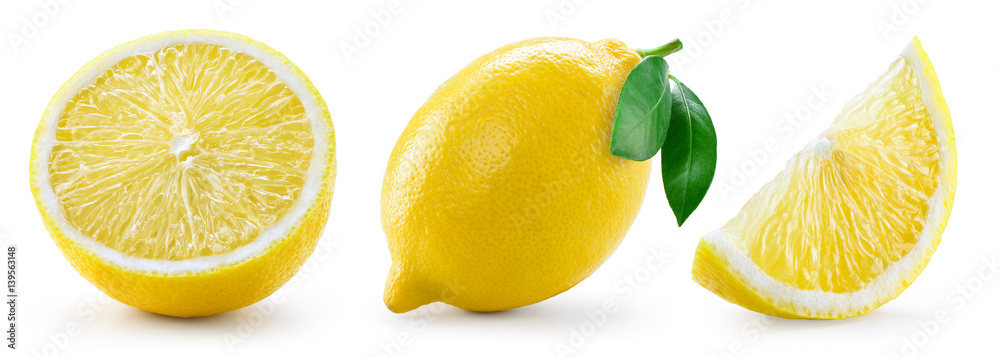 Lemon with leaf isolated on white background. Collection - obrazy, fototapety, plakaty 