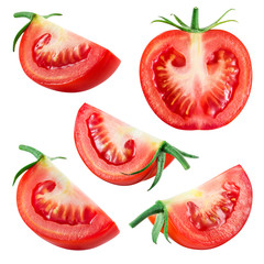 Wall Mural - Tomato. Fresh vegetable isolated on white. Whole, half, slice, piece, quarter, section, segment. Collection.