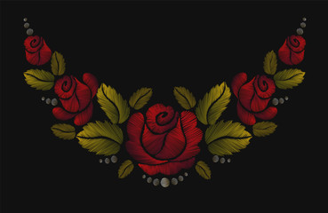 red roses embroidery on black background.