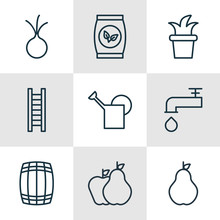 Set Of 9 Holticulture Icons. Includes Spigot, Garlic, Duchess And Other Symbols. Beautiful Design Elements.